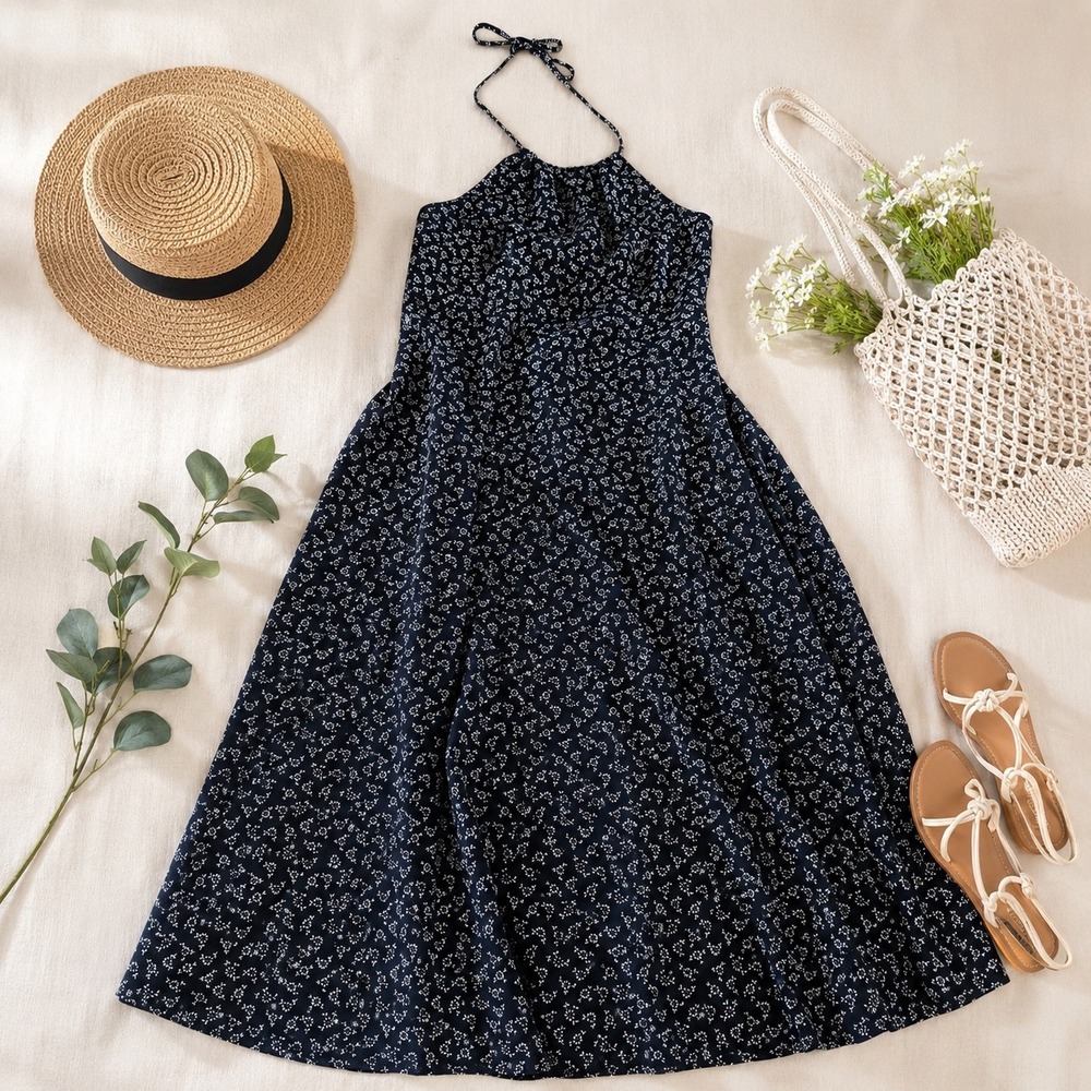 Halter Dress Womens M Black Ditsy Floral Tie Back Summer Midi
